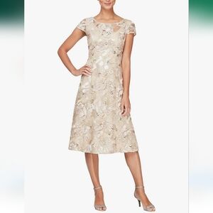 Alex Evenings Embroidered Cocktail Champange Dress